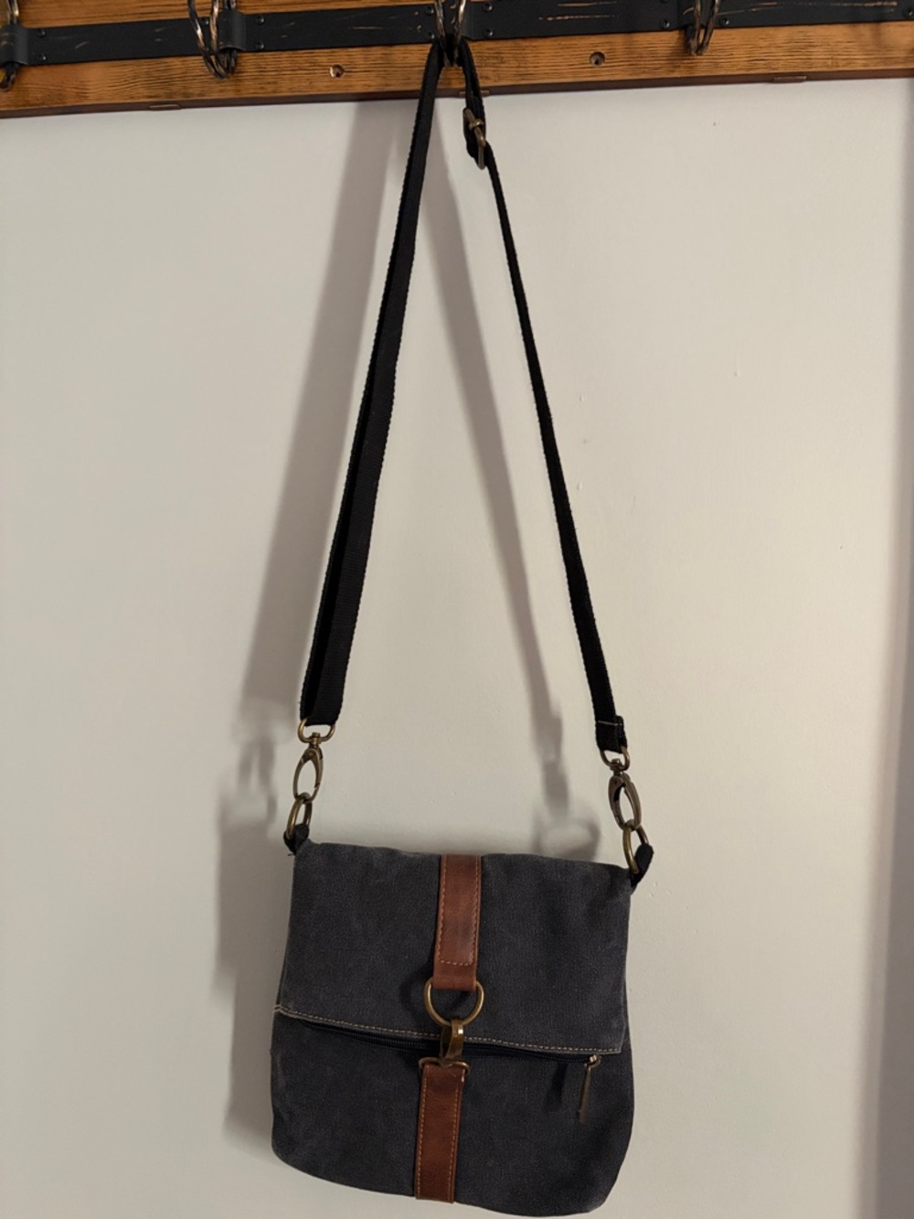 Slate Canvas Crossbody Bag with Brown Leather Trim
